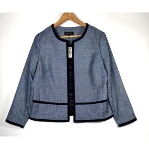 Talbots Blazer‎ Womens 12P Blue Textured Open Front Contrast Trim Detail Jacket